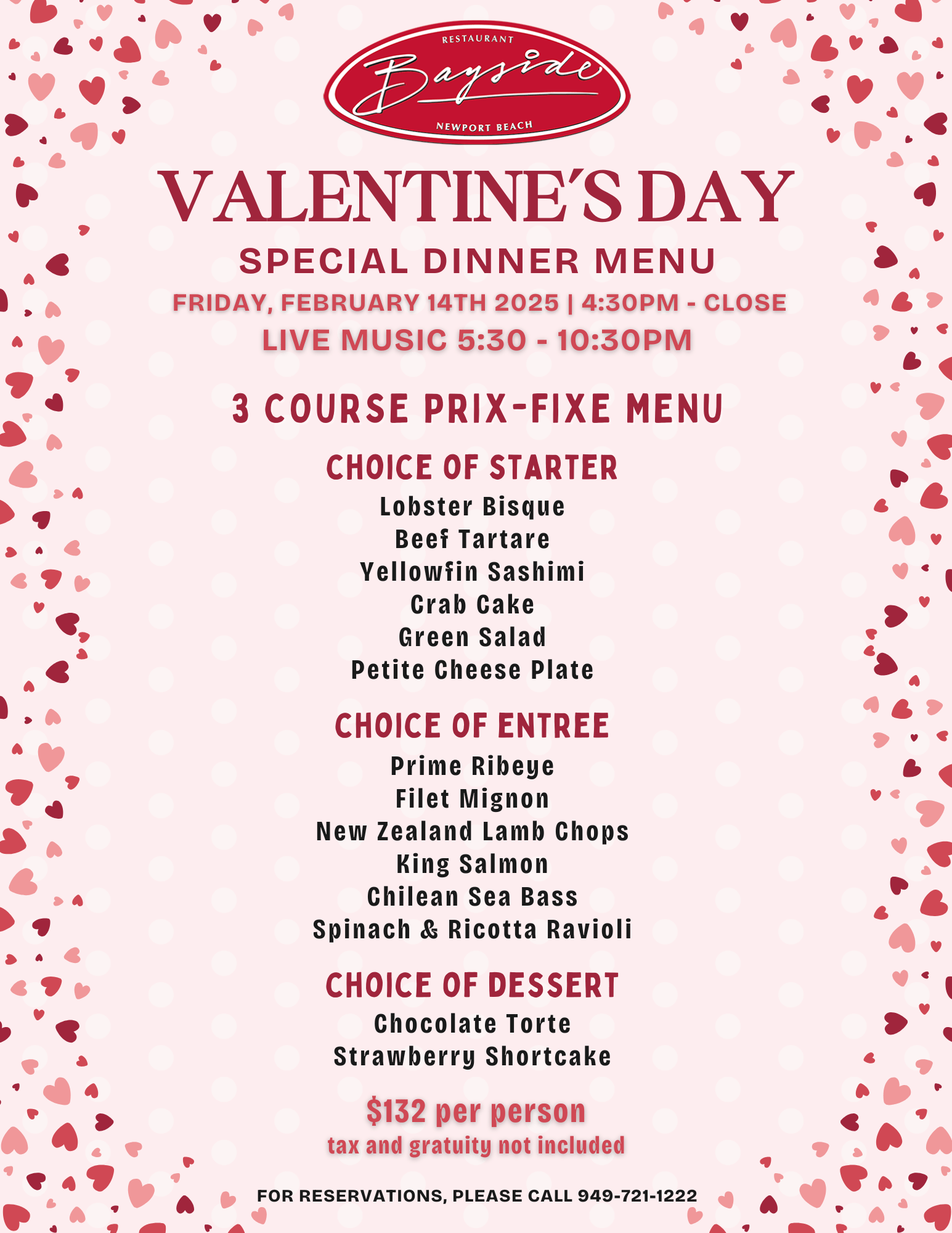 Valentine’s Day at Bayside Restaurant, Newport Beach